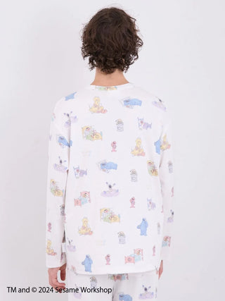 Back view of men's Sesame Street all-over print Henley-neck pullover with colorful characters on soft rayon fabric.