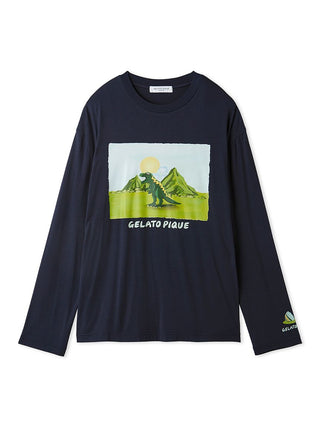 Men's Dinosaur One-point Long Sleeve T-shirt by Gelato Pique with a playful dinosaur print on dark fabric.