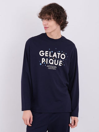 Model wearing men's long sleeve t-shirt with 'Gelato Pique' logo and star motifs, crafted from premium inlay fabric, navy color.