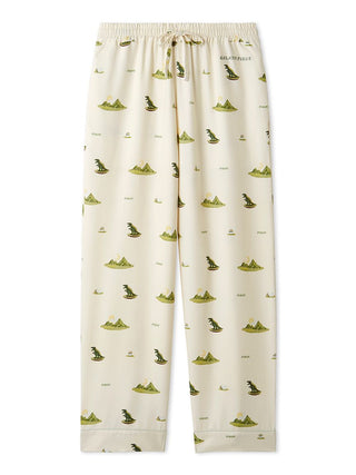 Men's dinosaur pattern long pants with playful T-Rex motifs and piping detail, illustrating an imaginative story on cream fabric.