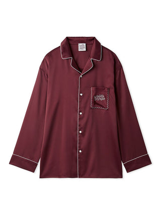 Burgundy satin men's long sleeve sleep shirt with white piping detail, button front, and chest pocket for elegant nighttime comfort.