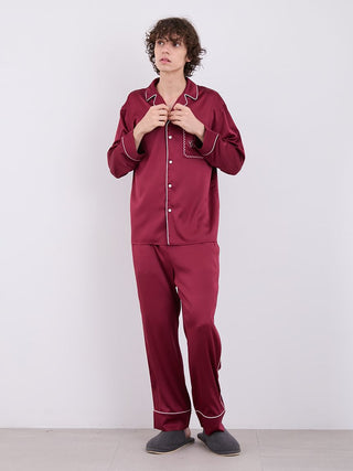 HOLIDAY Piping Satin Long Sleeve Sleep Shirt in Red, Men's Loungewear Shirt Sleepwear Shirt, Lounge Set at Gelato Pique USA