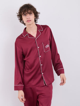 HOLIDAY Piping Satin Long Sleeve Sleep Shirt in Red, Men's Loungewear Shirt Sleepwear Shirt, Lounge Set at Gelato Pique USA