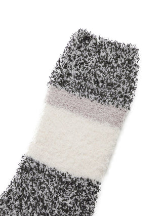 Close-up of mens powder melange striped fuzzy socks from Gelato Pique, highlighting the soft, cozy texture and neutral stripe design.