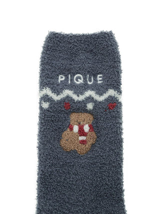 Grey Gelato Pique socks with bear embroidery, featuring "PIQUE" and festive patterns.