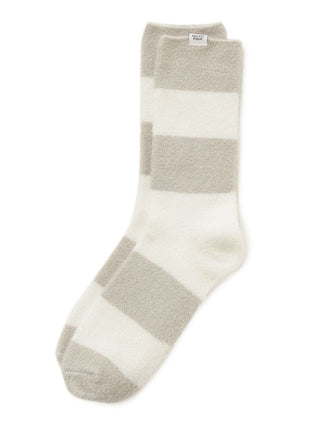 Cozy Smoothie 2-Border Fuzzy Socks with grey and white stripes by Gelato Pique USA, offering plush texture and warmth for lounging.