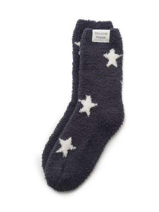 Gelato Pique USA Men's Powder Star Jacquard Fuzzy Socks in black, premium loungewear and sleepwear, luxuriously soft and cozy.