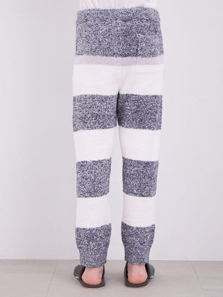 Back view of men's powder melange striped fuzzy pajama pants in grey and white, showcasing cozy stripes for ultimate comfort.