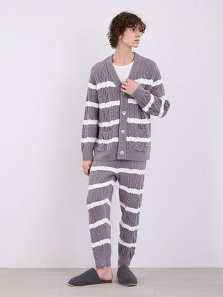 Model wearing Mens Baby Moco Aran Striped Cable Knit Pajama Pants, showcasing cozy and stylish grey and white knit nightwear.