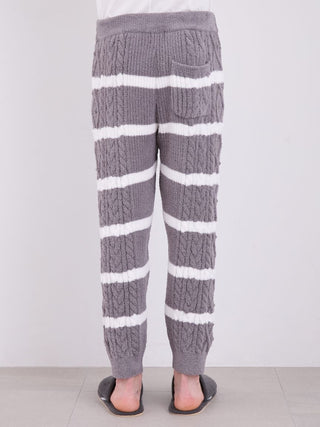 Back view of Men's Baby Moco Aran Striped Cable Knit Pajama Pants in gray with white stripes, showcasing cozy cable knit pattern.