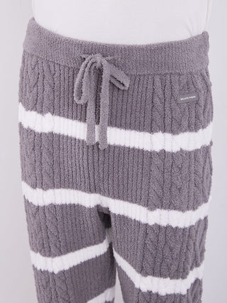 Men's Baby Moco Aran striped cable knit pajama pants in grey and white for cozy warmth and style.