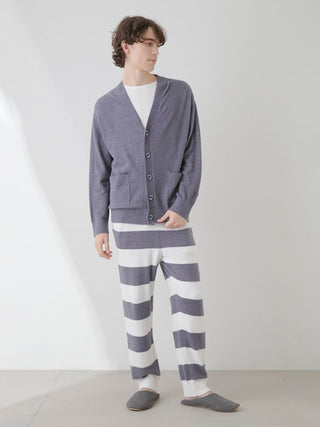 Model wearing Smoothie 2-Border Lounge Pants in gray and white stripes, paired with a matching cardigan for cozy loungewear style.