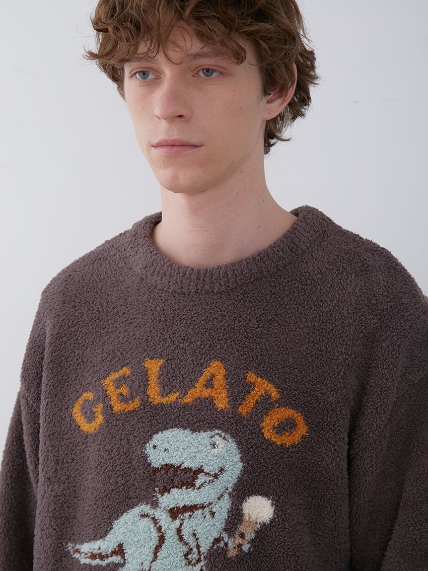 Dinosaur Jacquard Fuzzy Pullover Sweater in Charcoal Gray, Men's Pullover Sweaters at Gelato Pique USA.
