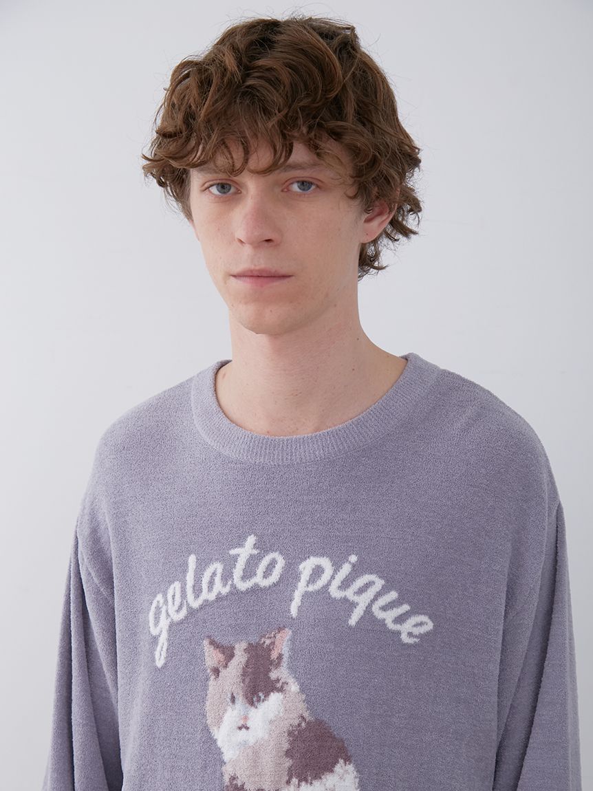 Men's Cat Jacquard Pullover Sweater in gray, Men's Pullover Sweaters at Gelato Pique USA.
