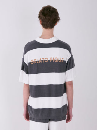 Back view of Men's Smoothie Relax Fit Striped Polo Shirt by Gelato Pique in grey and white, showcasing horizontal stripes and logo.