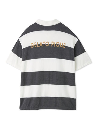 MEN'S Smoothie Relax Fit Striped Polo Shirt by Gelato Pique in grey and white stripes, relaxed fit, back view.