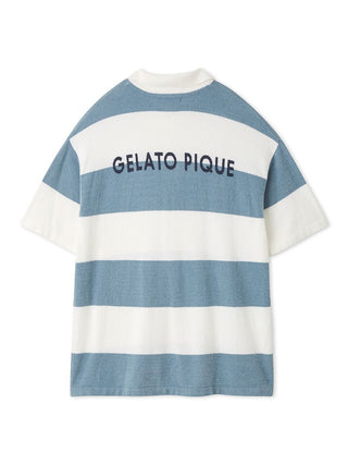 MEN'S Smoothie Relax Fit Striped Polo Shirt with grey and white horizontal stripes, Gelato Pique logo on back.