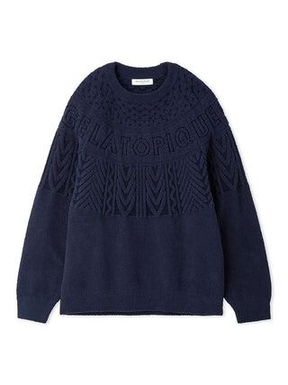 MEN'S Air Moco Aran Pullover Sweater in navy, featuring classic Aran knit pattern and "Gelato Pique" embroidery.