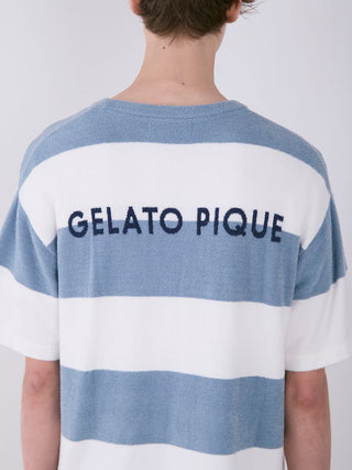 Back view of Gelato Pique Men's Smoothie Lite Striped Knit Top with blue and white stripes.