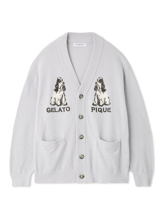 Men's Air Moco Dog Jacquard Button Up Cardigan with poodle design, Gelato Pique logo, cozy knit fabric, front pockets, ideal for casual wear.