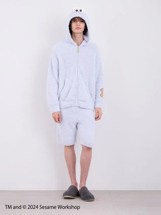 Men's Cookie Monster loungewear set featuring fluffy hoodie and shorts from Sesame Street by Gelato Pique.