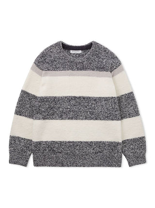 Men's Powder Melange Border Fuzzy Pullover Sweater with neutral stripe design, ultra-soft cozy fabric, ideal for relaxed comfort.