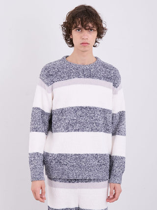 Mens powder melange border fuzzy pullover sweater with stripe design, modeled for cozy and sophisticated style.