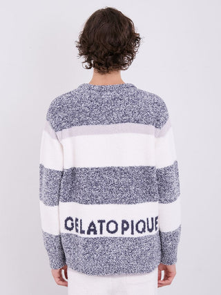 Back view of men's powder melange border fuzzy pullover sweater with bold stripe design and 'Gelato Pique' logo. Cozy and stylish.