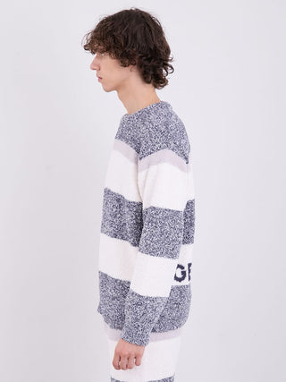 Men's Powder Melange Border Fuzzy Pullover Sweater with stripe design, side view showcasing cozy fabric and relaxed fit.