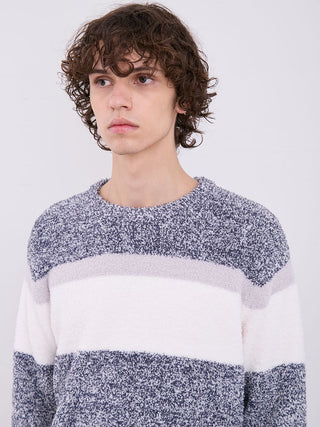 Model wearing Men's Powder Melange Border Fuzzy Pullover Sweater, featuring cozy stripes and a relaxed, sophisticated design.