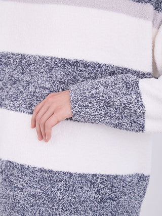 Close-up of a Mens Powder Melange Border Fuzzy Pullover Sweater showcasing its soft, cozy fabric and stylish stripe design.