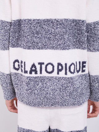 Men's powder melange border fuzzy pullover sweater with Gelato Pique logo, featuring soft, cozy fabric in neutral striped design.