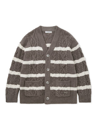 Men's Baby Moco Aran Border Button-Up Cardigan with cable knit and stripes, ultra-soft and stylish in gray and white.