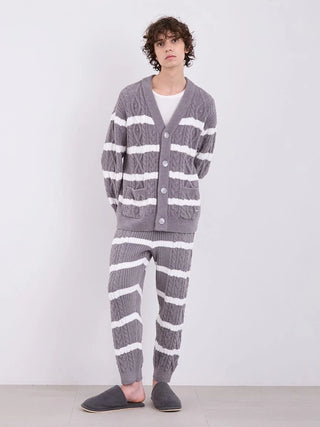 Model wearing grey and white striped Baby Moco Aran Border Button-Up Cardigan and pants, showcasing comfort and style.