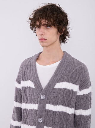 Men's grey and white Baby Moco Aran Border Button-Up Cardigan with cable knit pattern and horizontal stripes.