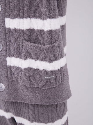 Close-up of the Gelato Pique Men's Baby Moco Aran Border Button-Up Cardigan showing soft fabric and cable knit pattern with stripes.