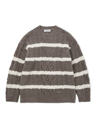 Mens Baby Moco Aran Border Pullover Sweater with cable knit design and stripes from Gelato Pique, offering style and comfort.