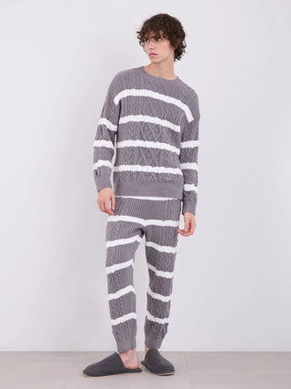 Men's Baby Moco Aran Border Pullover Sweater with horizontal stripes, styled for comfort and elegance in gray and white.