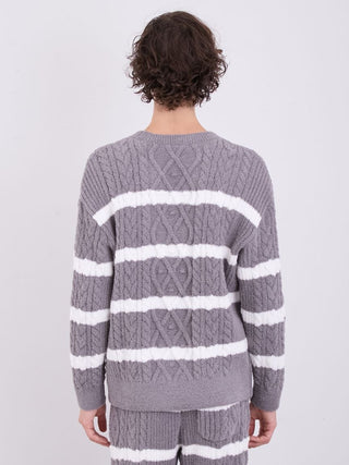 Back view of Men's Baby Moco Aran Border Pullover Sweater with Aran cable knit design and white stripes, made from soft Baby Moco fabric.