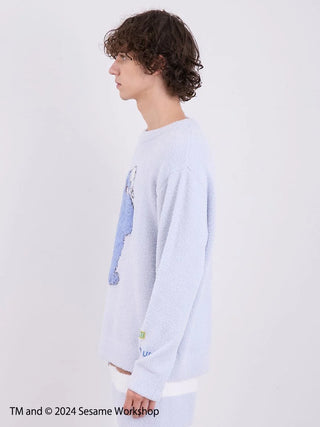 Model wearing Sesame Street men's motif pullover from Baby Moco loungewear collection, showcasing soft knit fabric design.