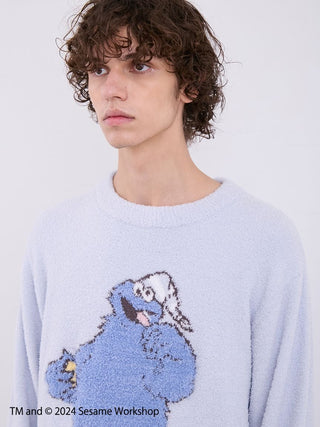 Men's Sesame Street pullover with Cookie Monster motif made from soft Baby Moco fabric, modeled by a young man.