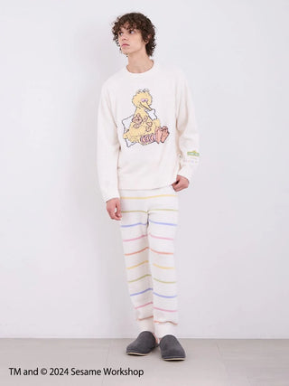 Men's Sesame Street motif pullover and lounge pants set in white, made from Baby Moco fabric, with colorful stripes.