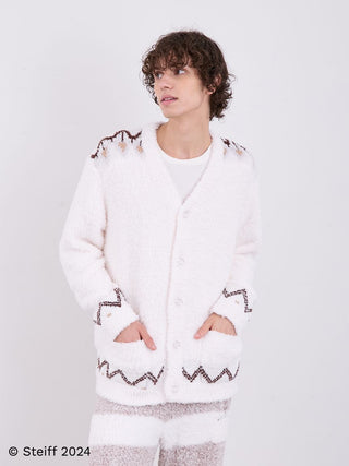 Model wearing Steiff men’s Fair Isle fuzzy cardigan with Nordic pattern, showcasing cozy and stylish design for loungewear.