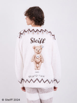 Back view of Steiff men's Fair Isle fuzzy cardigan, featuring a teddy bear motif and Nordic patterns.