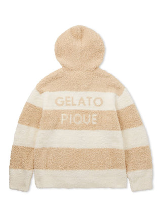 Men's Gelato 2 Border Hoodie Jacket in beige with white stripes and hood, featuring Gelato Pique logo on back.