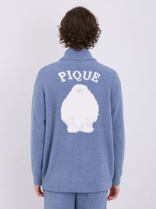 Back view of a blue men's cardigan with white monster design and 'PIQUE' text, made from soft Gelato fabric.