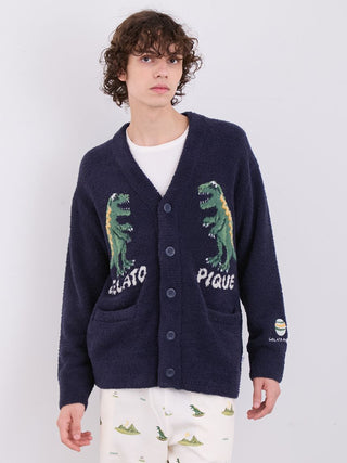 MEN'S Powder Dinosaur Jacquard Knit Cardigan in Navy, Comfy and Luxury Men's Loungewear Cardigan at Gelato Pique USA