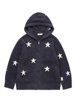 Powder Star Jacquard Zip Up Hoodie with star pattern, cozy loungewear from Gelato Pique USA, plush navy fabric, front view.