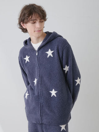 Cozy Powder Star Jacquard Zip Up Hoodie with white star pattern, perfect for stylish loungewear and warmth.