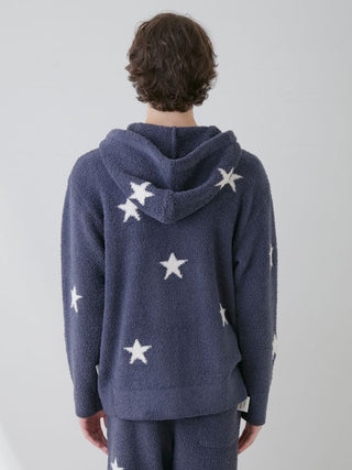 Alt Tag: Back view of a navy star-patterned Gelato Pique USA Powder Star Jacquard Zip Up Hoodie, premium loungewear and sleepwear.